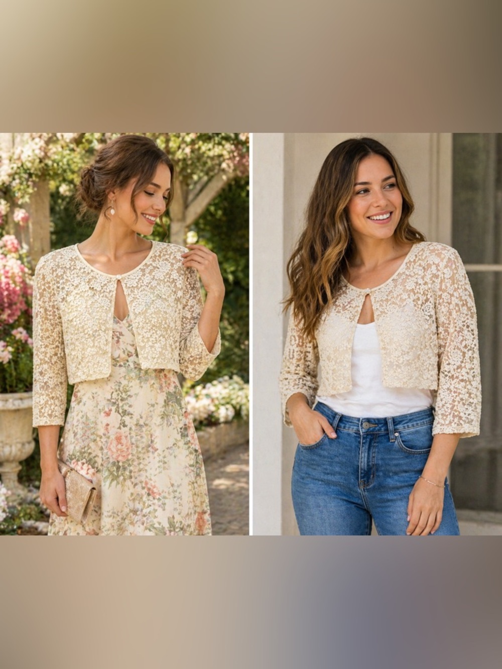 Connected Apparel Cream Lace Bolero Shrug Cropped Cardigan Size L